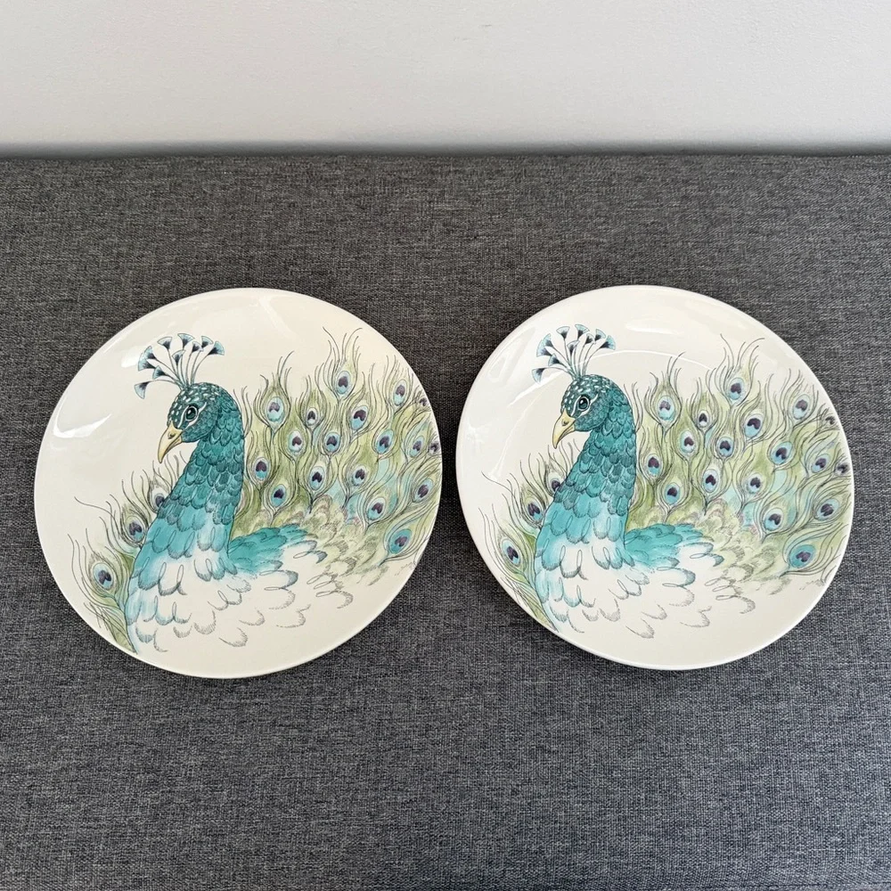 Edie Rose Peacock Collection Salad Plates Set 2 Stoneware Blue Green Purple Bird